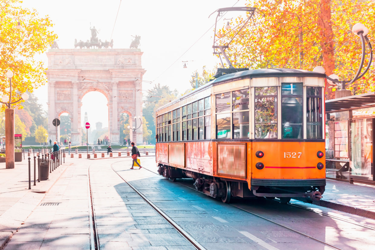 Famous vintage tram in the center of the Old Town of Milan Famous vintage tram in the center of the Old Town of Milan