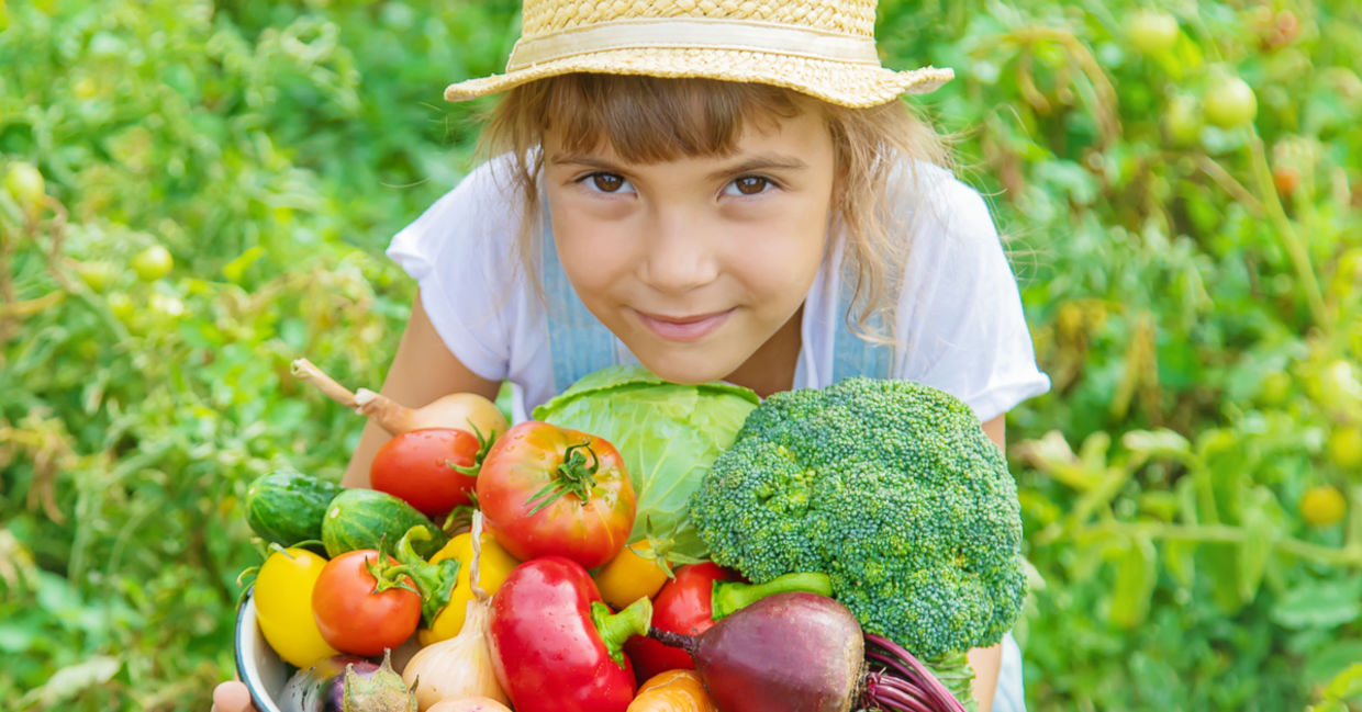 A young girl in a field holds a basket filled with freshly-picked vegetables. A young girl in a field holds a basket filled with freshly-picked vegetables.