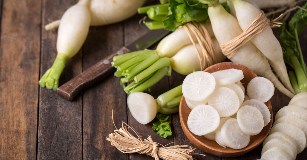 White organic radishes are full of health benefits. White organic radishes are full of health benefits.