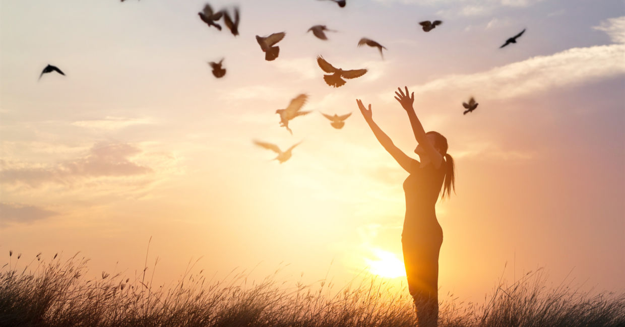 A symbol of letting go and forgiving: a woman’s arms are open wide while birds fly freely above. A symbol of letting go and forgiving: a woman’s arms are open wide while birds fly freely above.