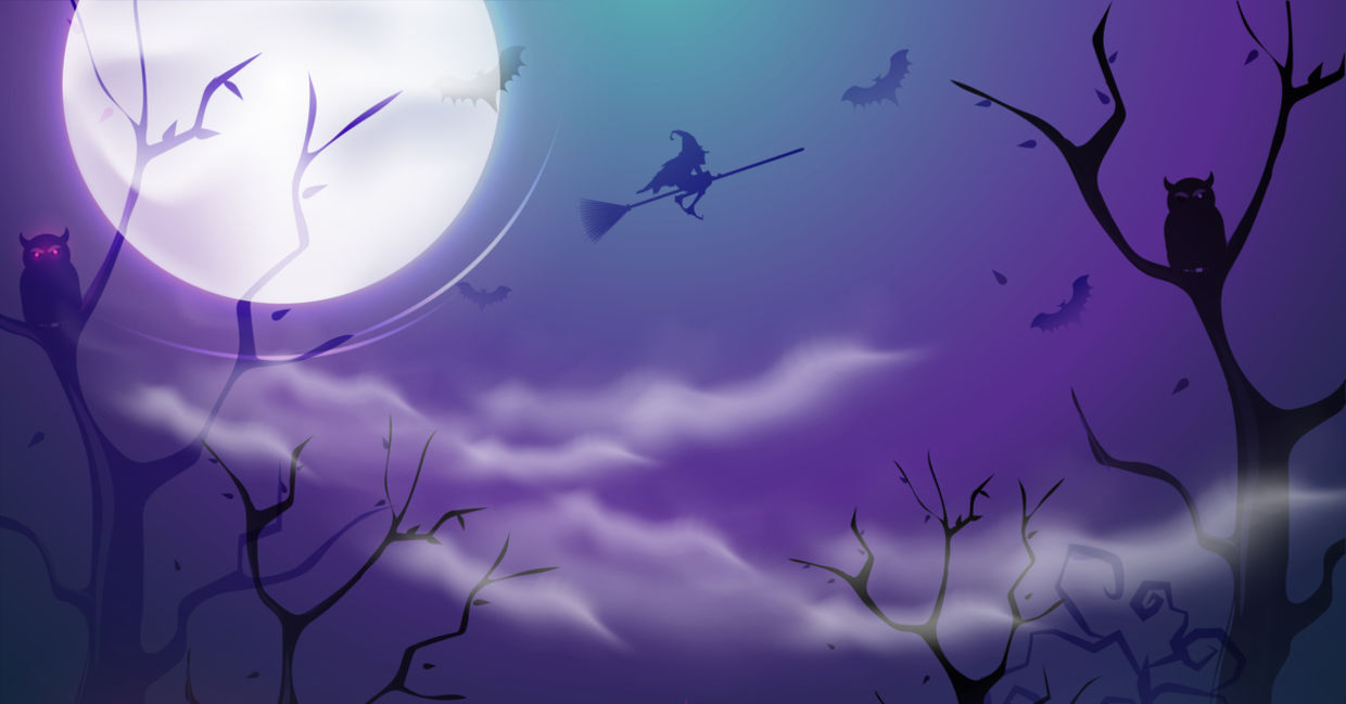 Image of a hooting owl and a witch on a broomstick under a full moon. Image of a hooting owl and a witch on a broomstick under a full moon.