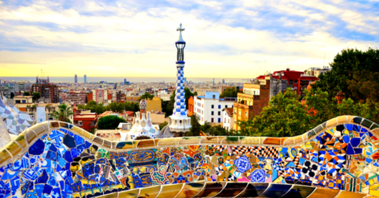 Park Guell designed by Antoni Gaudi in Barcelona in the morning sunrise Park Guell designed by Antoni Gaudi in Barcelona in the morning sunrise