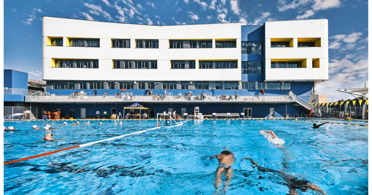 Olympic-sized pool at the new Discovery Building at California's Santa Monica High School. Olympic-sized pool at the new Discovery Building at California's Santa Monica High School.