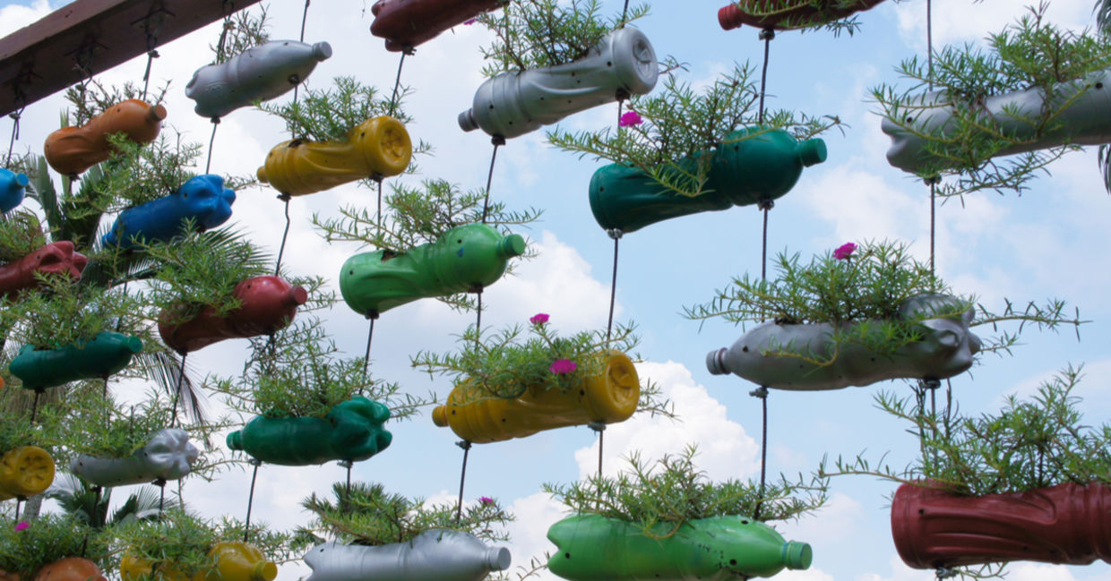 Recycled plastic gardens create a vertical garden. Recycled plastic gardens create a vertical garden.