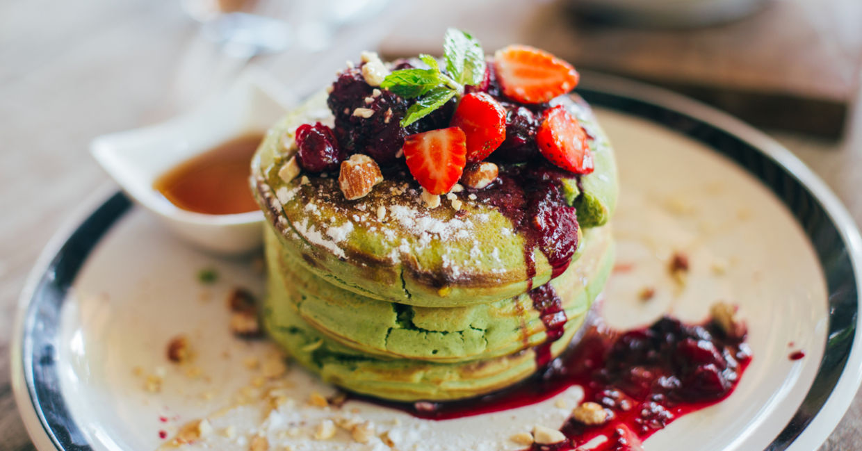 Matcha pancakes and fruit. Matcha pancakes and fruit.