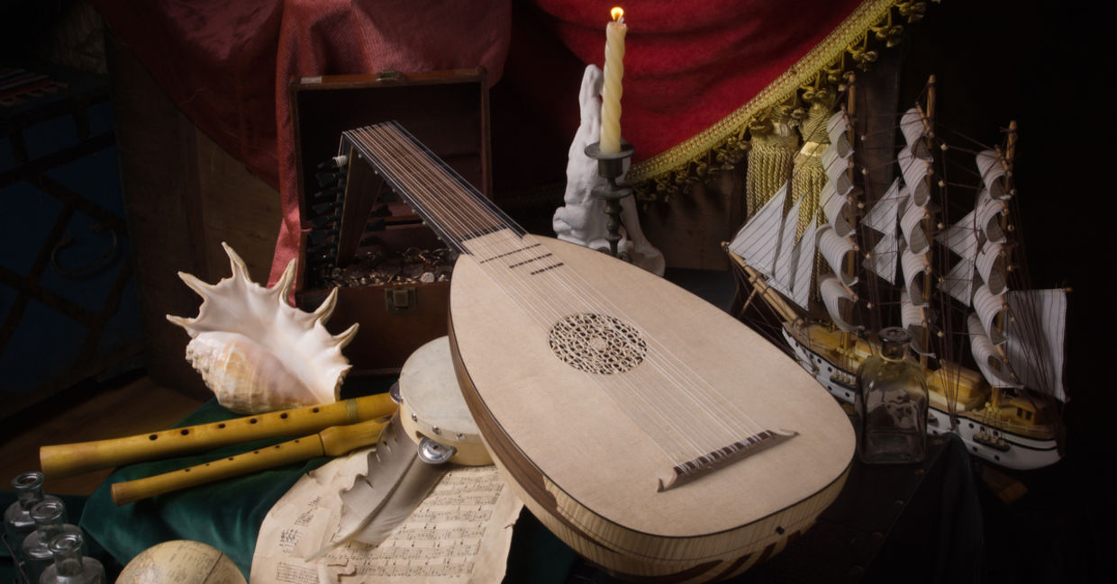 Musical still life in the Renaissance style with lute and flutes. Musical still life in the Renaissance style with lute and flutes.