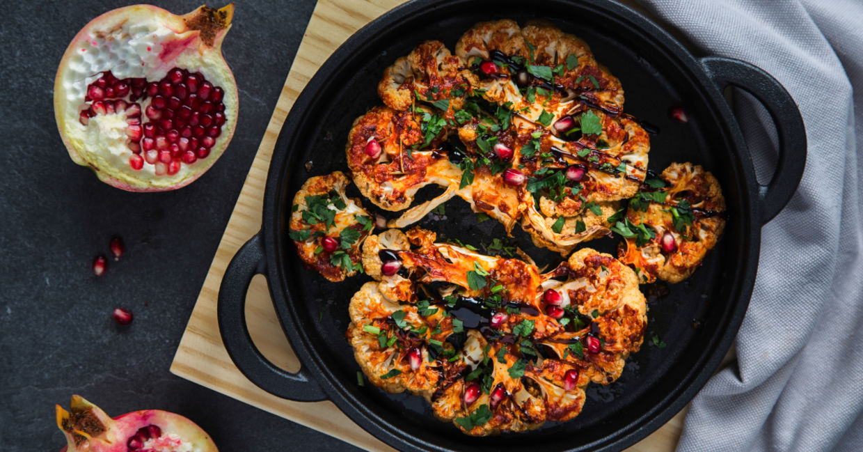 Vegetarian cauliflower steak contains plant-based protein.. Vegetarian cauliflower steak contains plant-based protein..