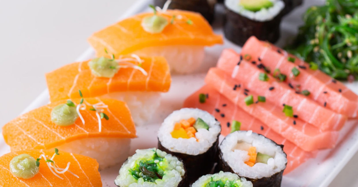 Plant-based seafood in a plate of vegan sushi rolls. Plant-based seafood in a plate of vegan sushi rolls.