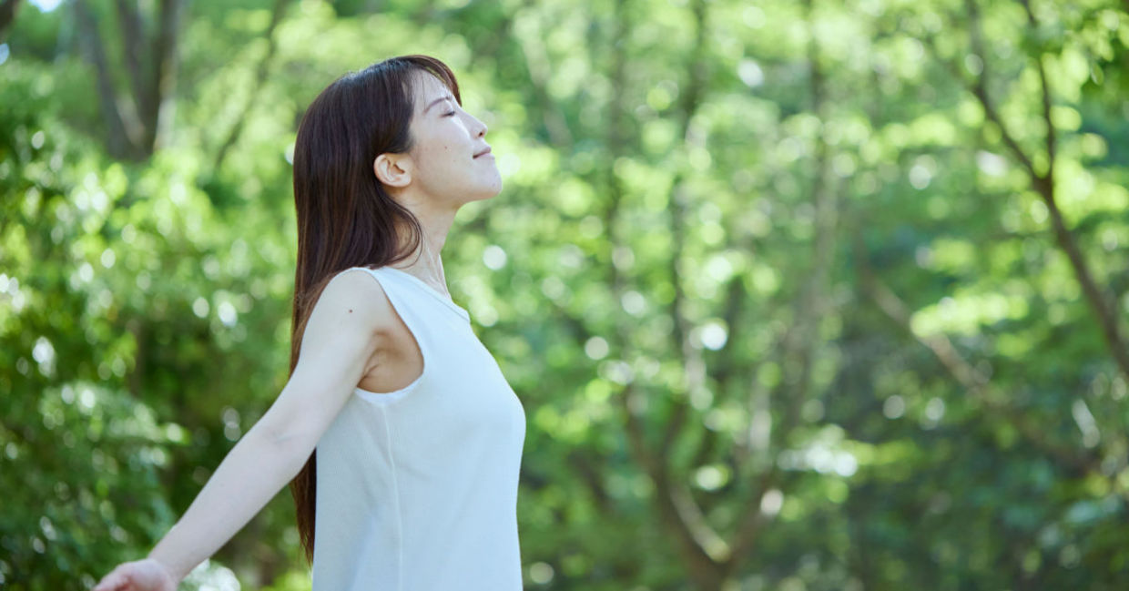 Japanese woman forest bathing. Japanese woman forest bathing.