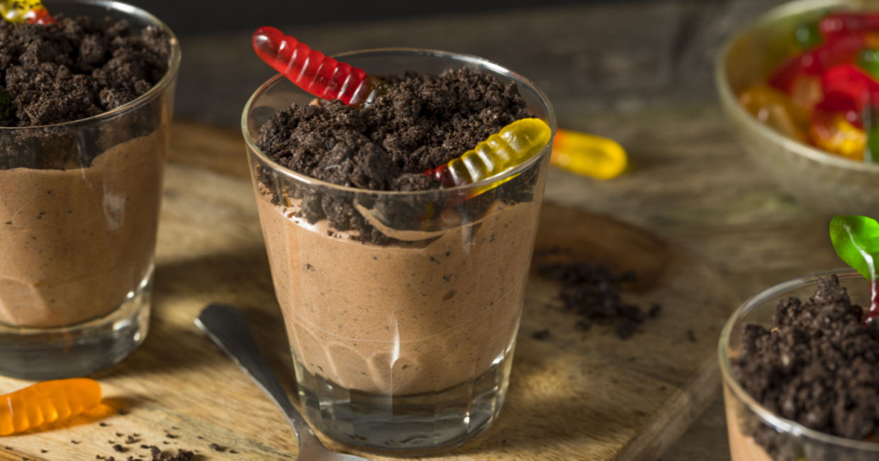 Dirt pudding complete with gummy worms. Dirt pudding complete with gummy worms.