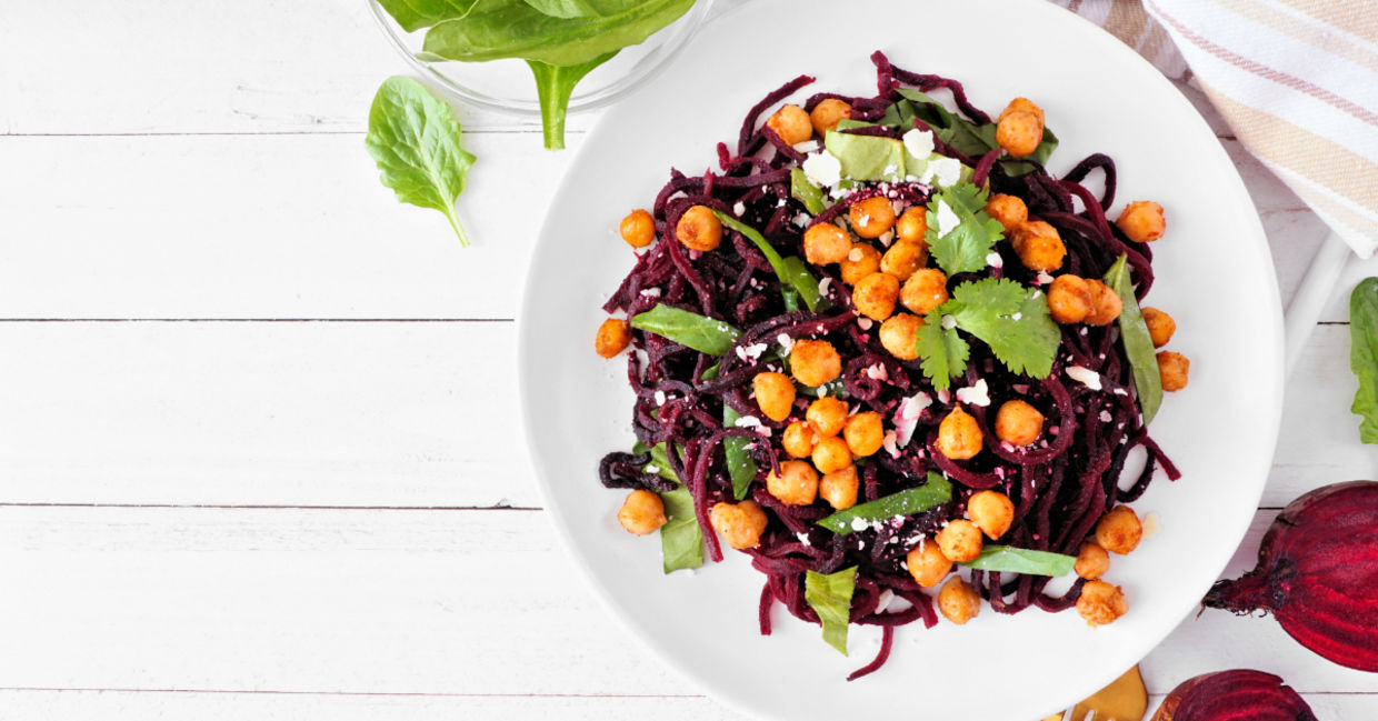 Beet noodles with spinach and chickpeas. Beet noodles with spinach and chickpeas.