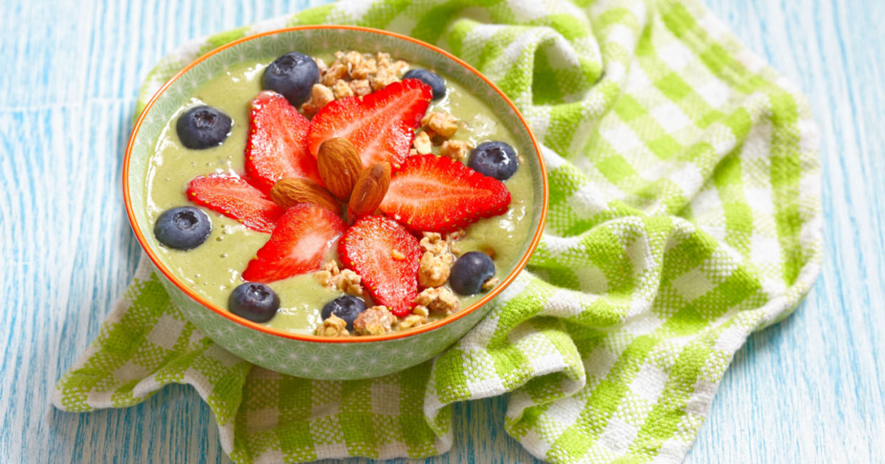 Healthy breakfast contains matcha, yogurt, and fruit. Healthy breakfast contains matcha, yogurt, and fruit.