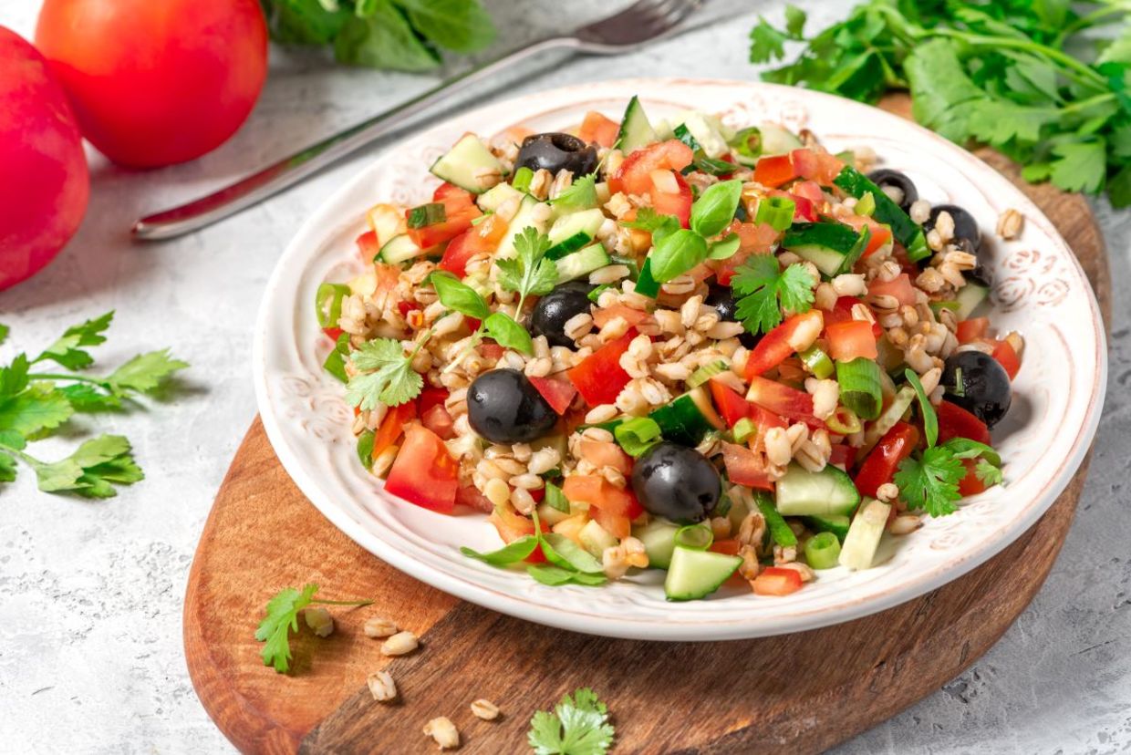 Pearl barley salad with olives. Pearl barley salad with olives.