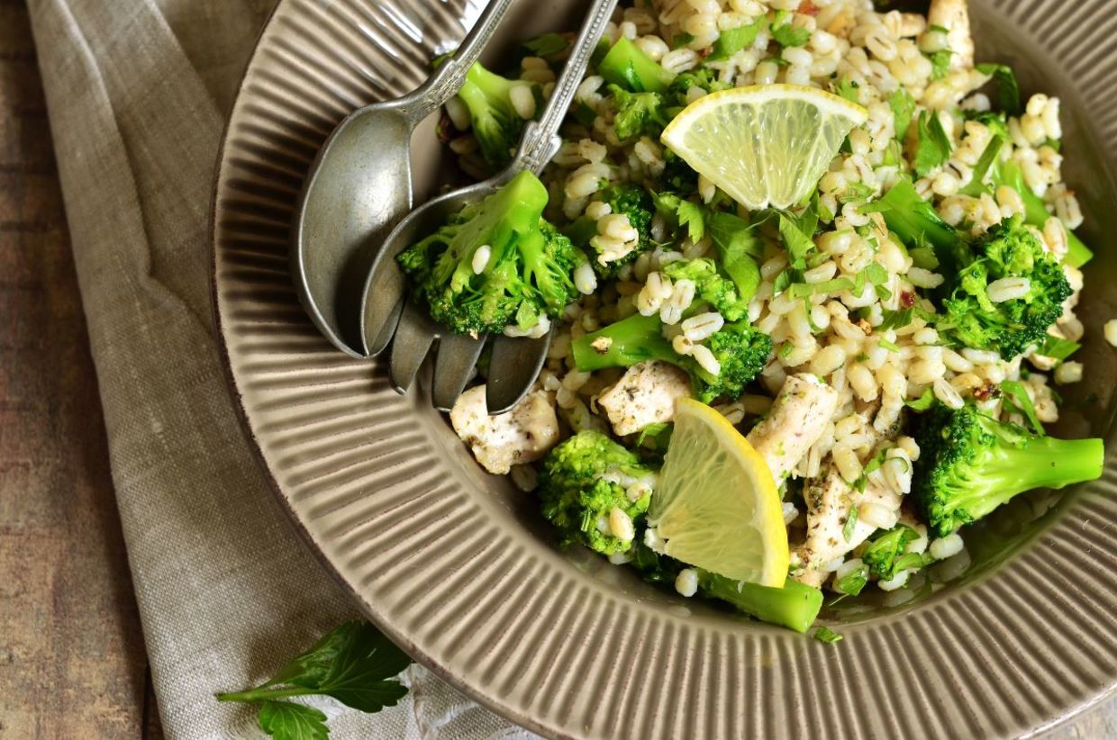 Warm barley salad with chicken and broccoli. Warm barley salad with chicken and broccoli.