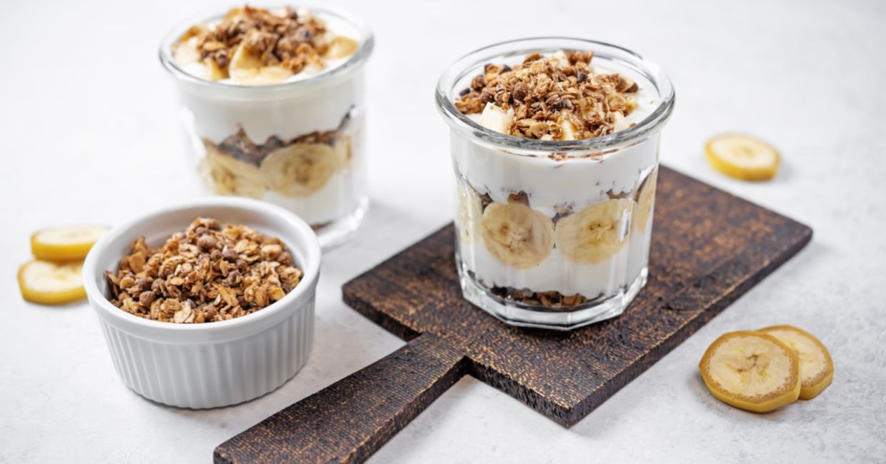 Greek yogurt with banana and granola. Greek yogurt with banana and granola.