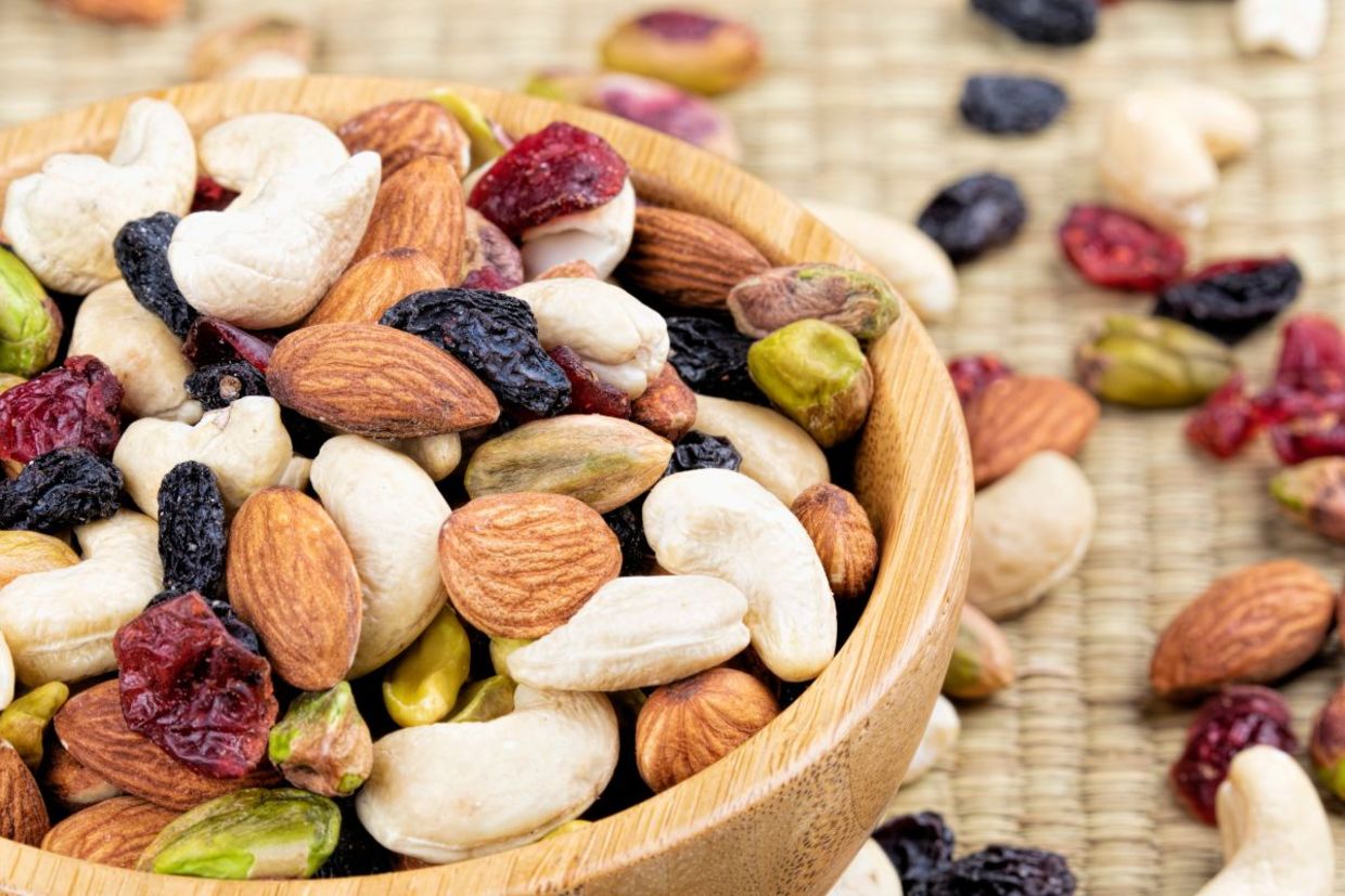 Trail mix that contains nuts and dried fruit. Trail mix that contains nuts and dried fruit.