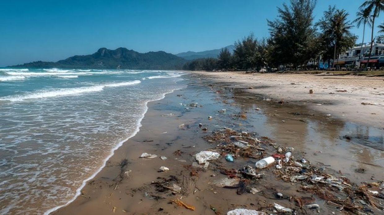 A polluted beach with scattered plastic trash. A polluted beach with scattered plastic trash.