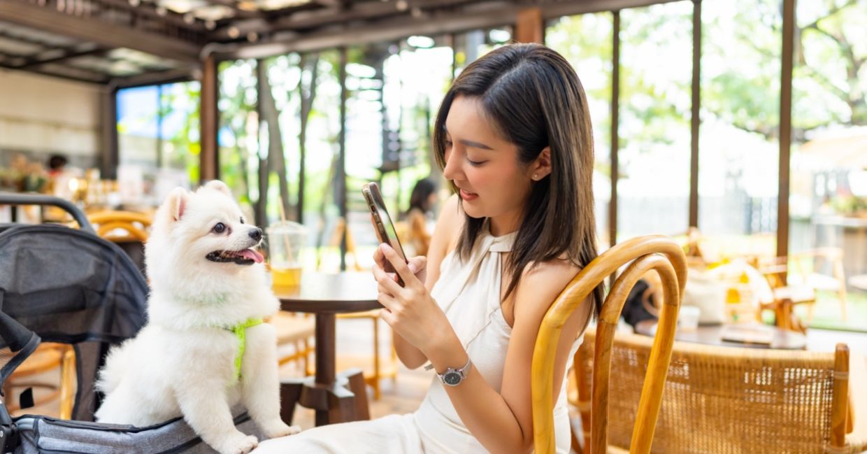 Pet parent posting a picture of having lunch with her baby. Pet parent posting a picture of having lunch with her baby.